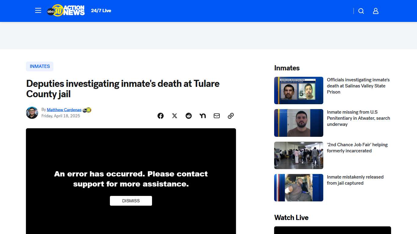 Deputies investigating inmate's death at Tulare County jail - ABC30 Fresno